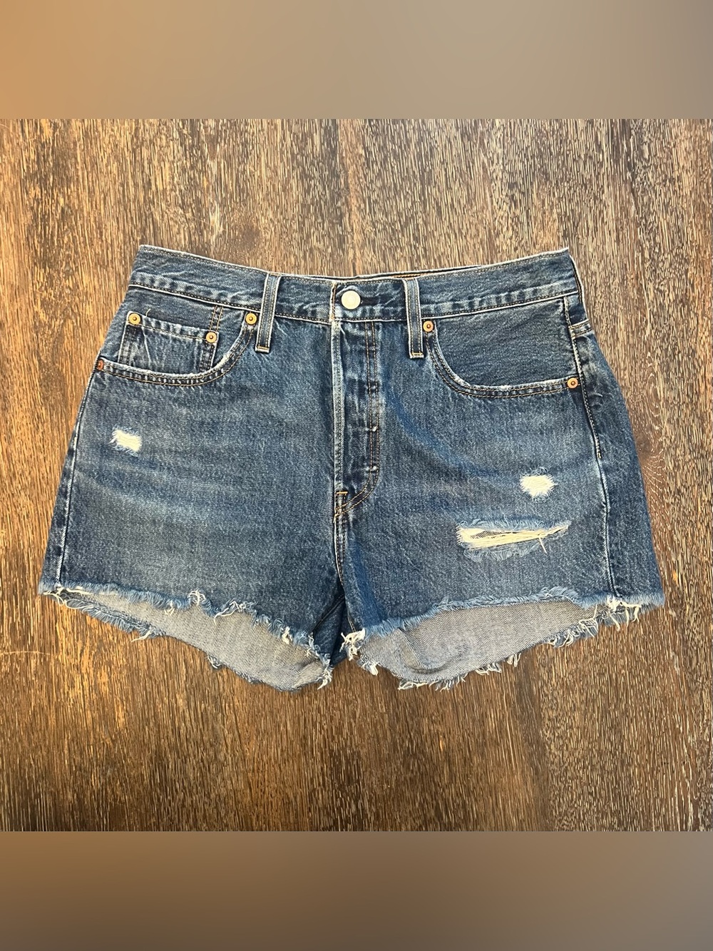 Levi’s 501 Button Fly Cutoff Medium Wash Distressed Denim Jean Shorts W29